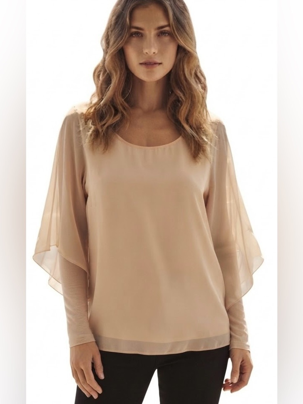 Baci elegant silk long sleeve with Sheer Beige overlay top